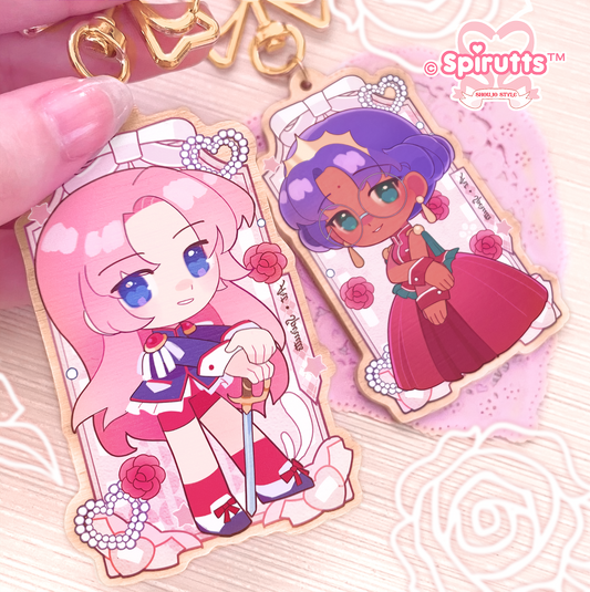 KEYCHAIN(S) - Princess Anthy and Utena / Anime / retro / Magical girls - Double-sided wooden charm/Matching Pair/Gold clip attachments