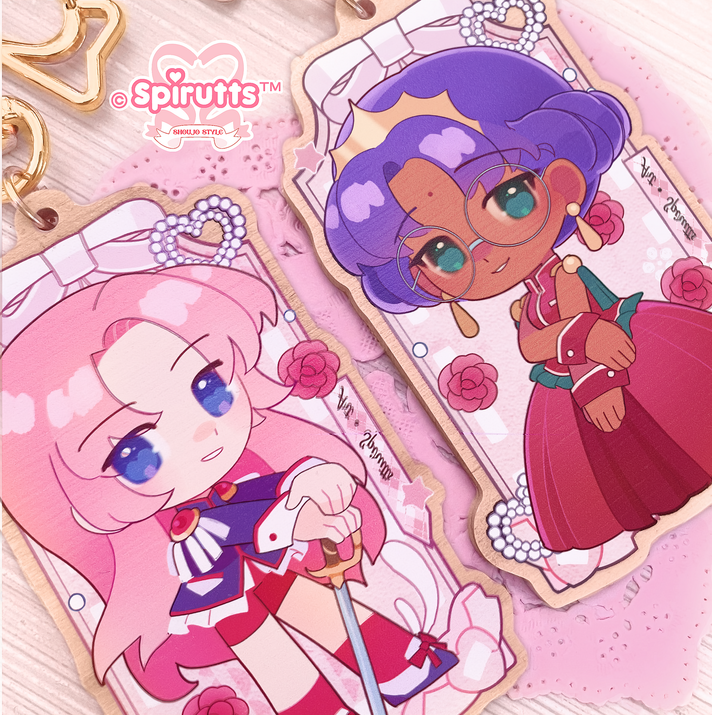 KEYCHAIN(S) - Princess Anthy and Utena / Anime / retro / Magical girls - Double-sided wooden charm/Matching Pair/Gold clip attachments