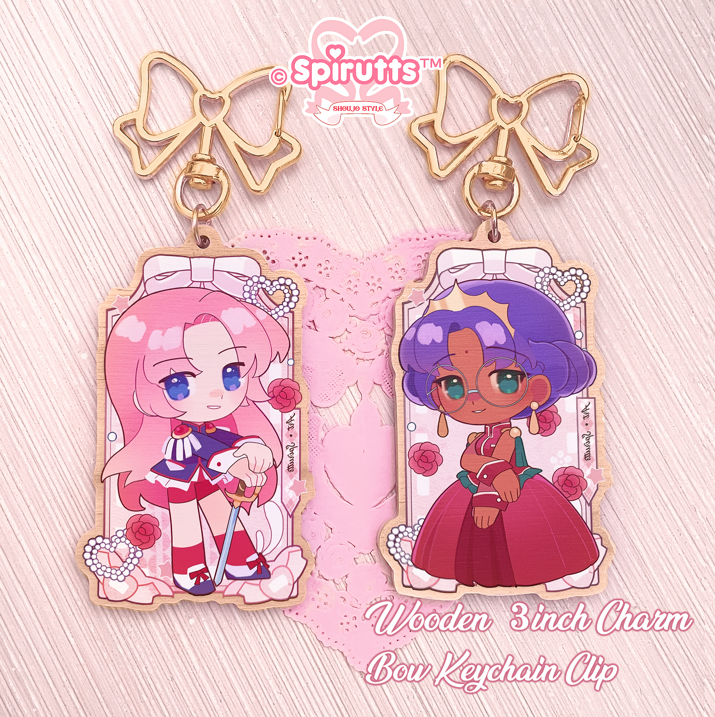 KEYCHAIN(S) - Princess Anthy and Utena / Anime / retro / Magical girls - Double-sided wooden charm/Matching Pair/Gold clip attachments