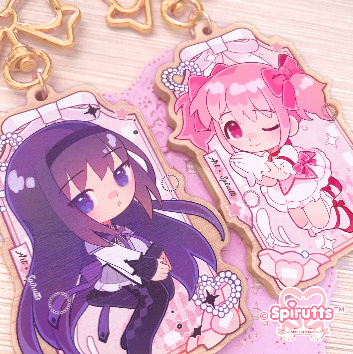 KEYCHAIN(S) - Mahou Magica couple - Double-sided wooden charm/Matching Pair/Gold clip attachments