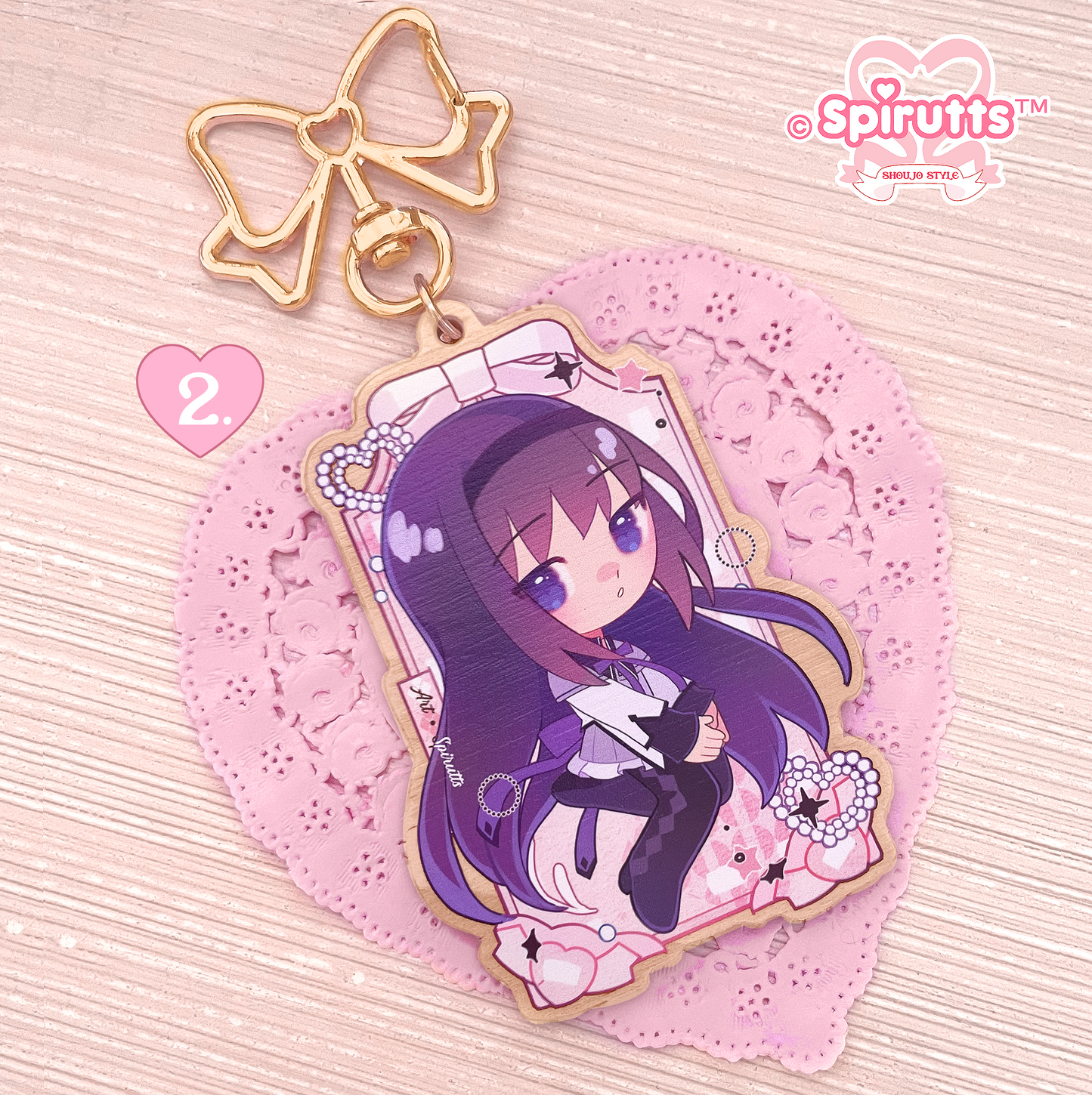 KEYCHAIN(S) - Mahou Magica couple - Double-sided wooden charm/Matching Pair/Gold clip attachments