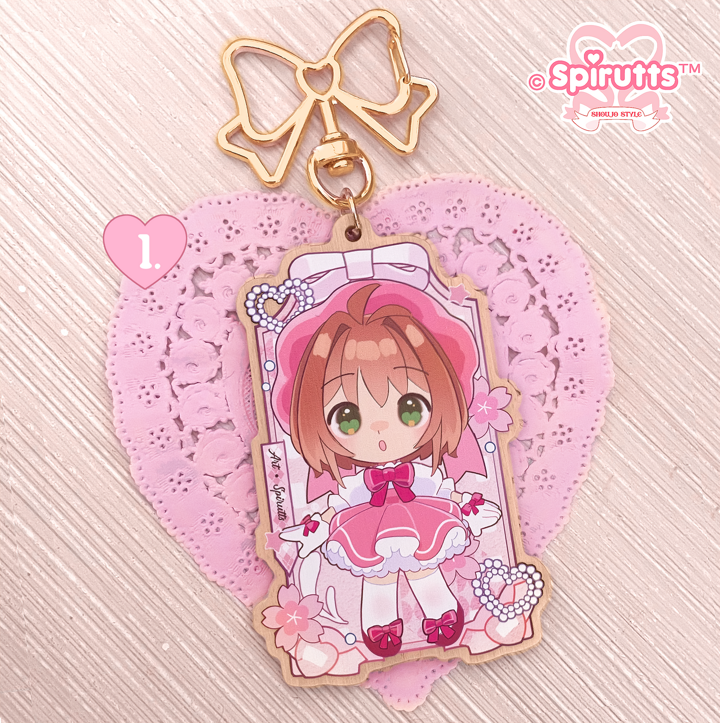 KEYCHAIN(S) - Captor Sakura/Magical Girl/Anime/Pink/Retro - Double-sided wooden charm/Matching Pair/Gold clip attachments