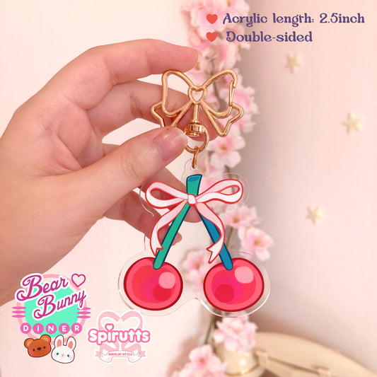 KEYCHAIN - pretty please with a Cherry on top~! - Double-sided acrylic/Bow Gold Clip Chain