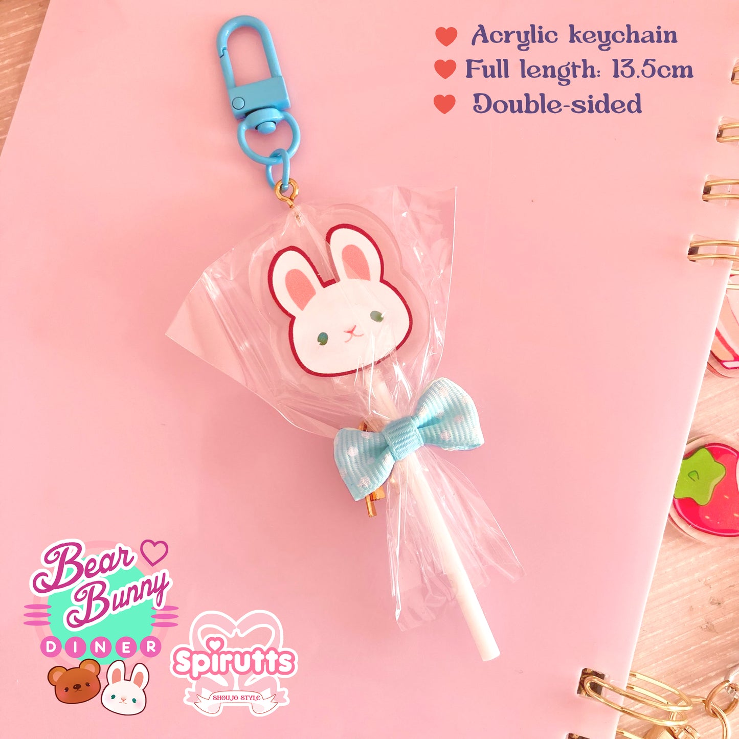 KEYCHAIN(S) - Bunny & Bear lollipops! - Double-sided acrylic/coloured clip attachment + bow