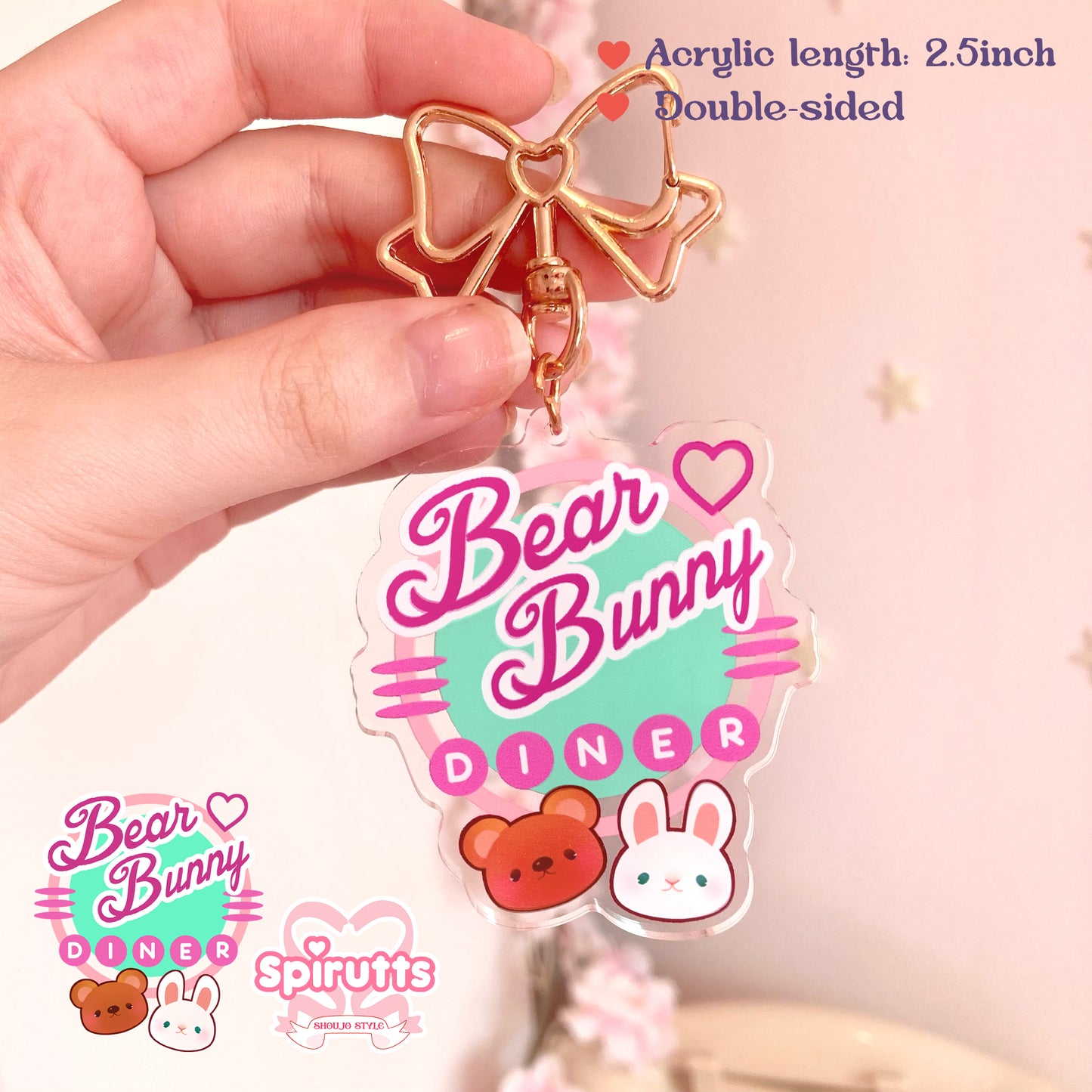 KEYCHAIN - Bear & Bunny diner~! - Double-sided acrylic/Bow Gold Clip Chain