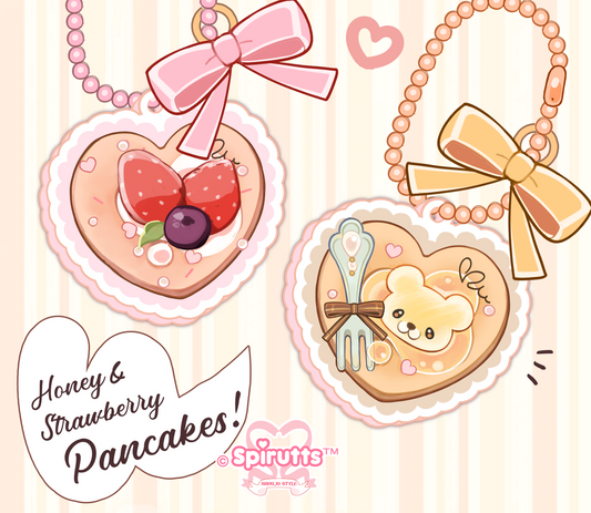 CHARMS COLLECTION - Honey & Strawberry Pancakes - Double-sided acrylic/ball chain-strap/bow accessory