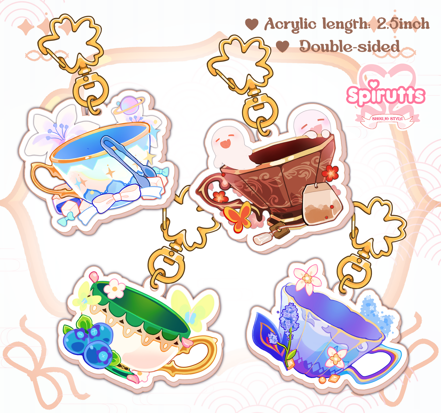 KEYCHAIN(S) - Genshin teacups!  - Double-sided acrylic/Blossom-shaped Gold Chain/Charm