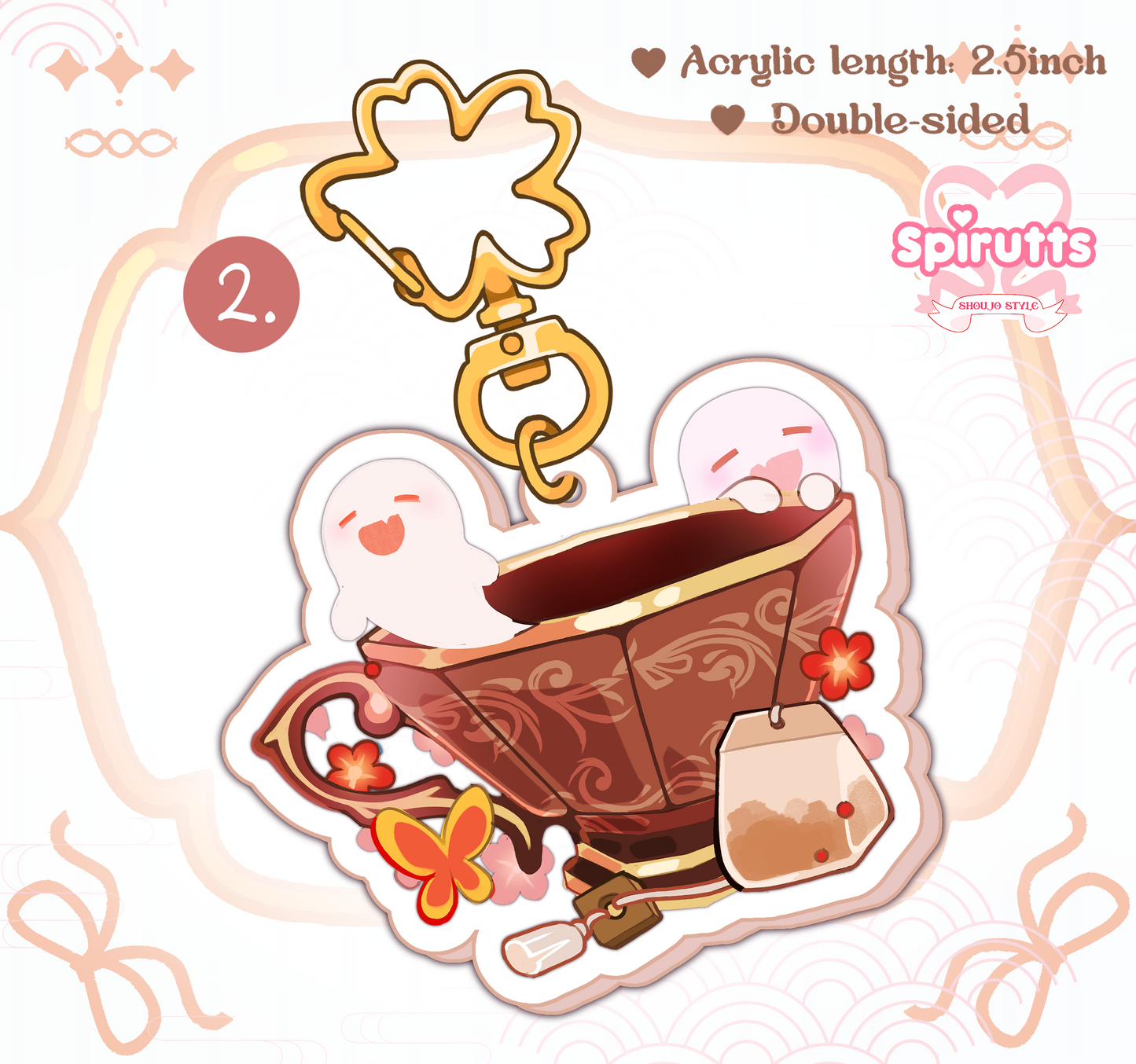 KEYCHAIN(S) - Genshin teacups!  - Double-sided acrylic/Blossom-shaped Gold Chain/Charm