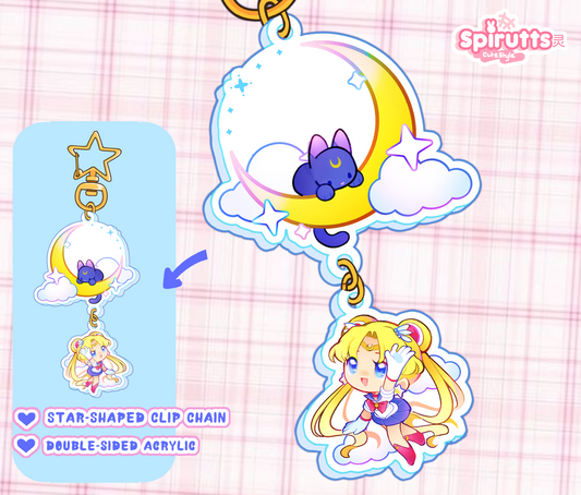 KEYCHAIN - In the name of the moon! - Double-sided acrylic/2 piece keychain/Golden star Chain