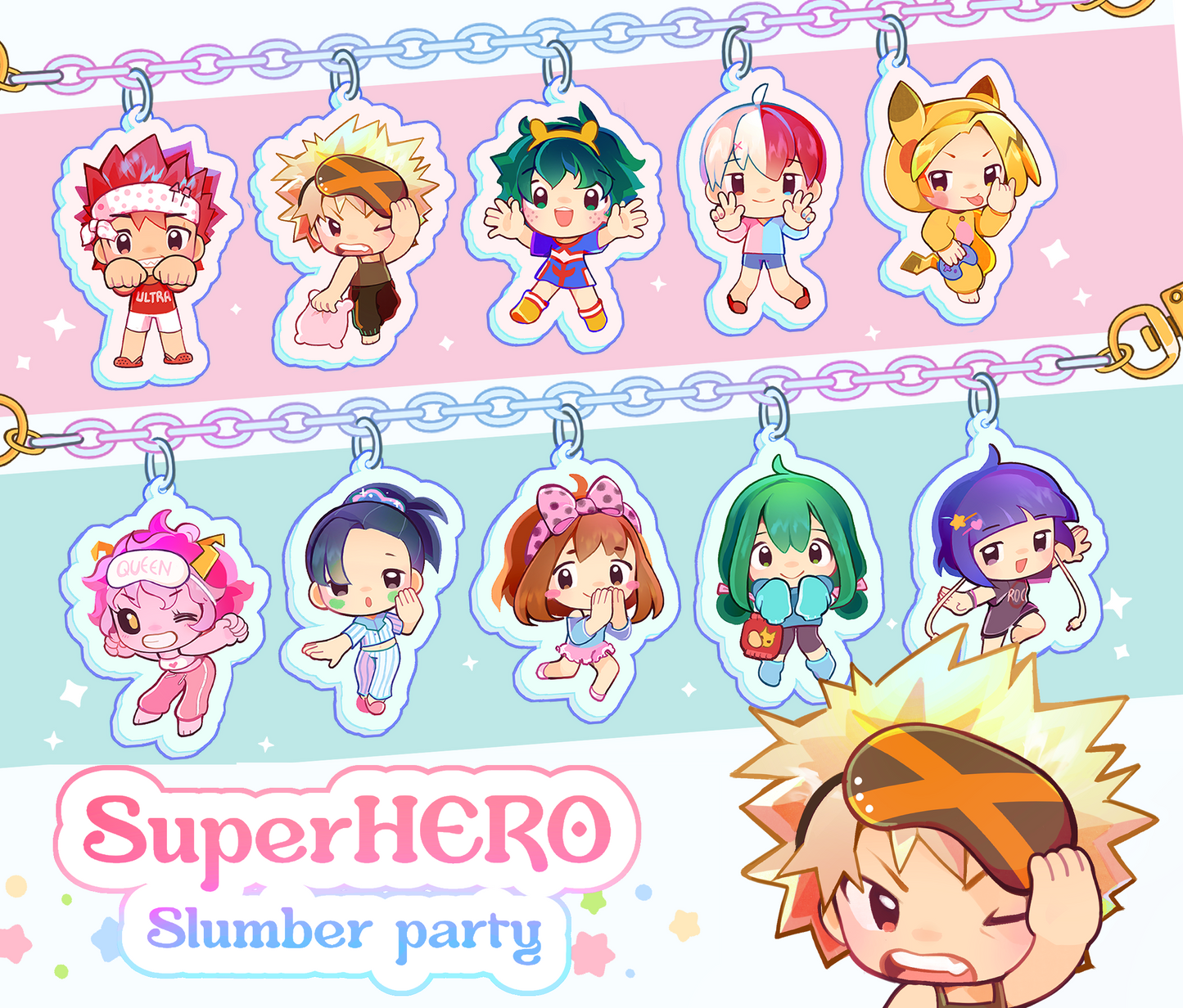 KEYCHAIN - SuperHero Slumber Party! - Double-sided acrylic/Charm Chain