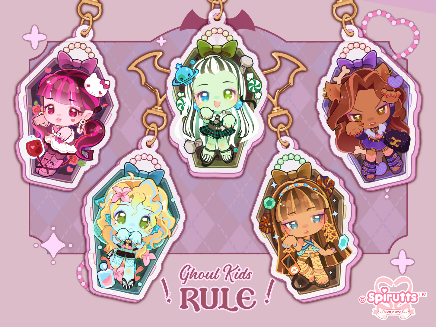 KEYCHAIN(S) - Ghoul gals!  - Double-sided acrylic/Bat-shaped Gold Chain/Charm