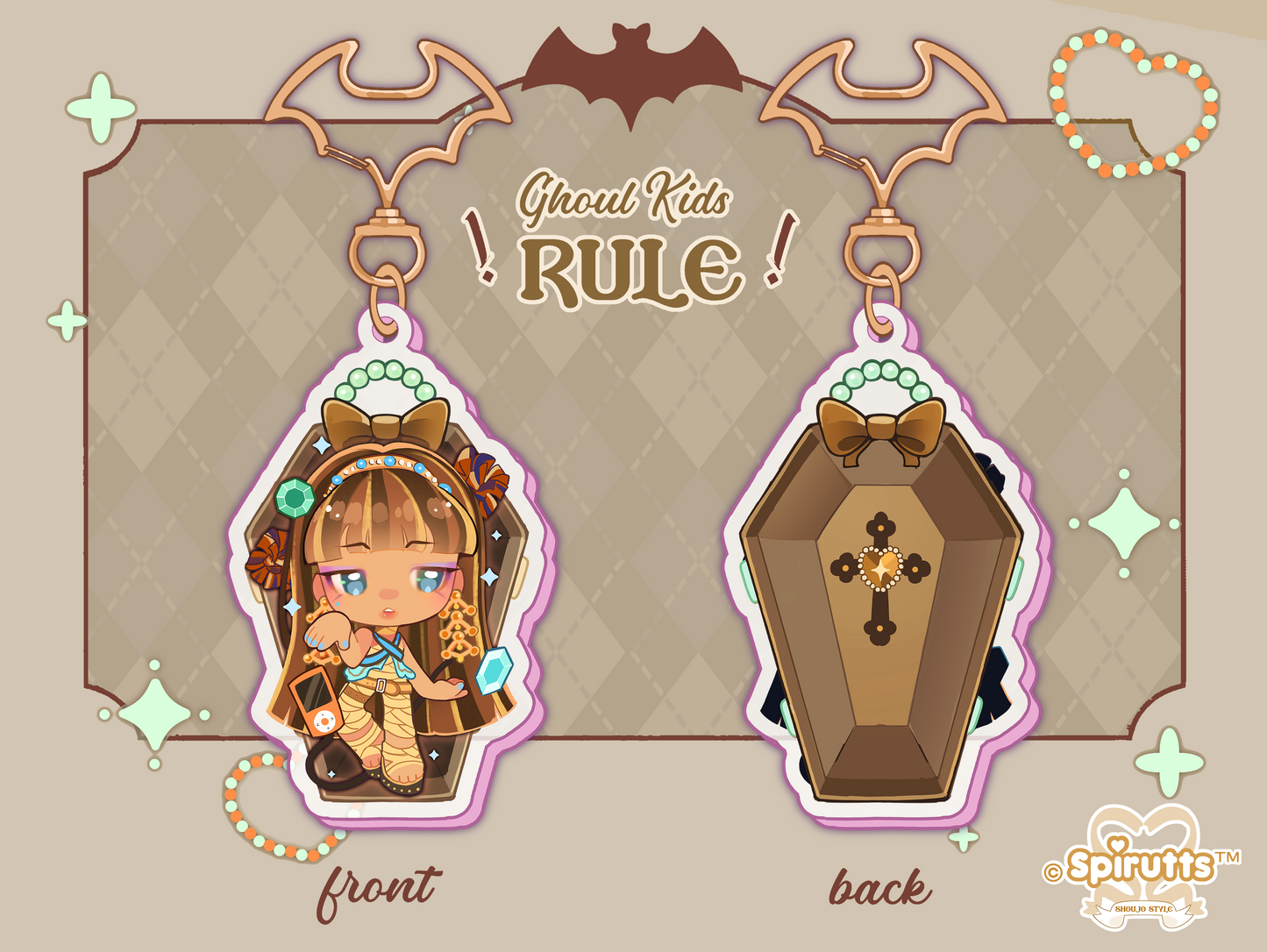 KEYCHAIN(S) - Ghoul gals!  - Double-sided acrylic/Bat-shaped Gold Chain/Charm