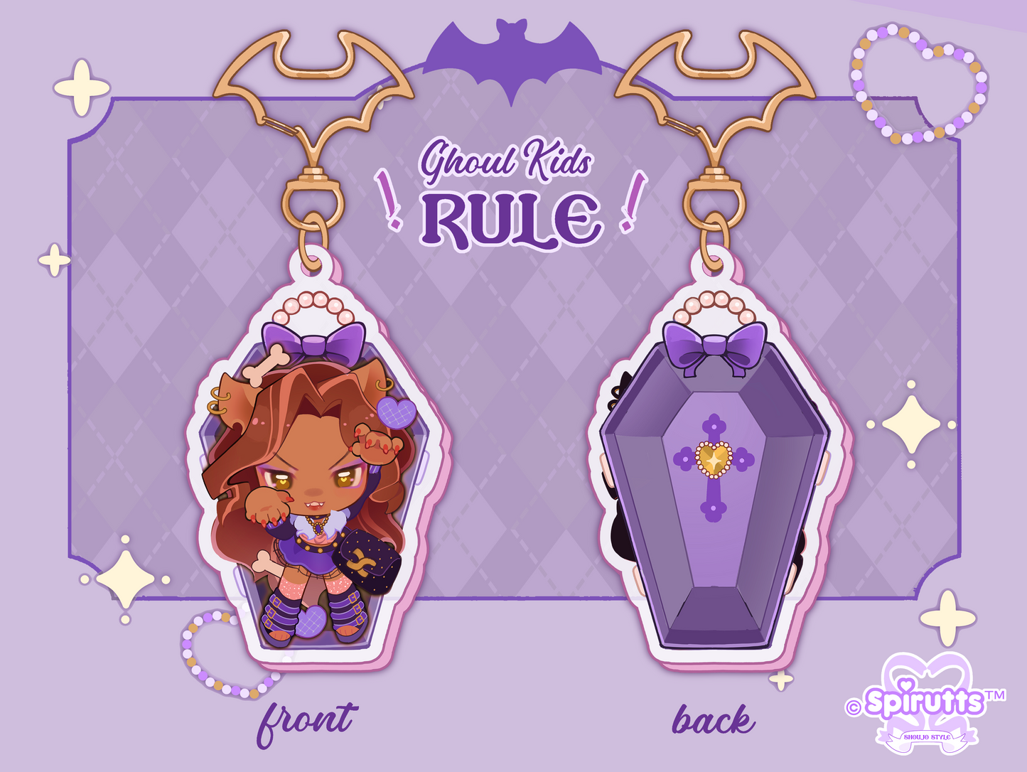 KEYCHAIN(S) - Ghoul gals!  - Double-sided acrylic/Bat-shaped Gold Chain/Charm
