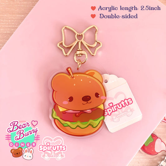 KEYCHAIN - Burger bear! - Double-sided acrylic/Bow Gold Clip Chain