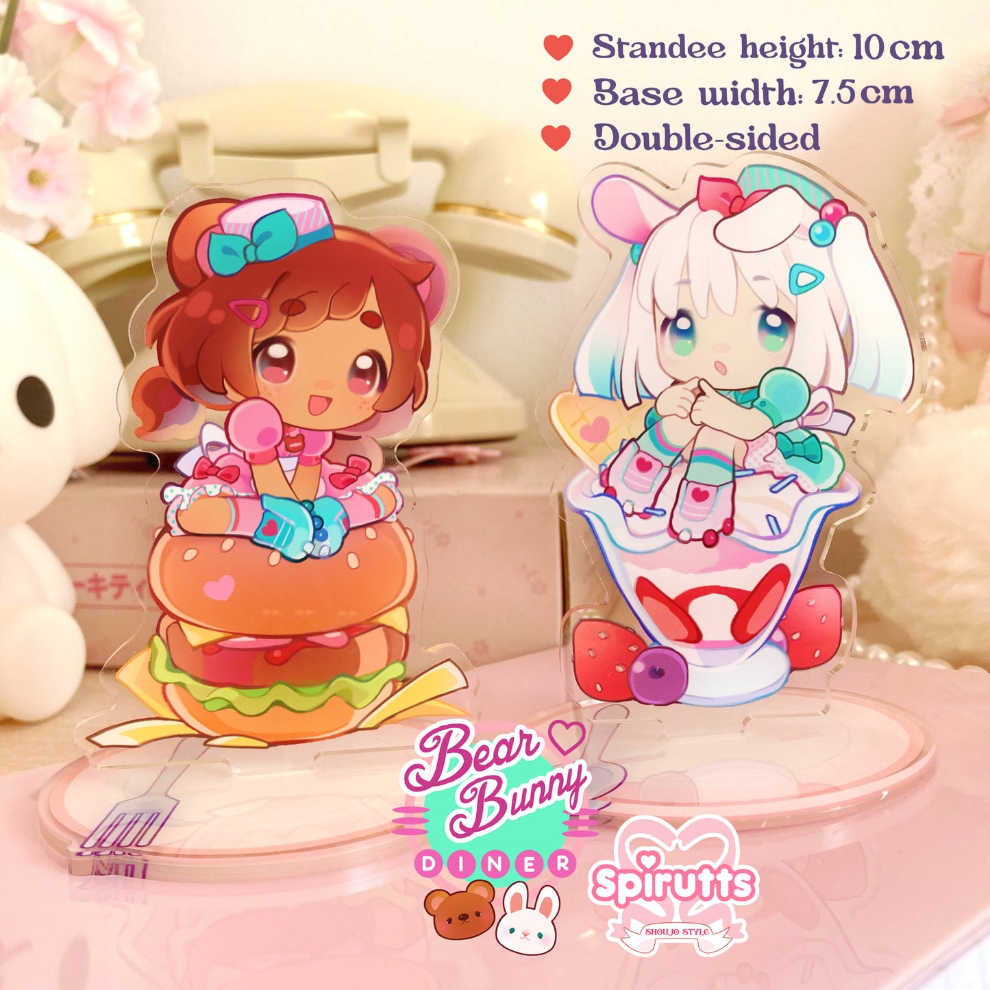 ACRYLIC FIGURE(S) - Bear & Bunny mini waitresses~! - Double-sided acrylic/Plate design base