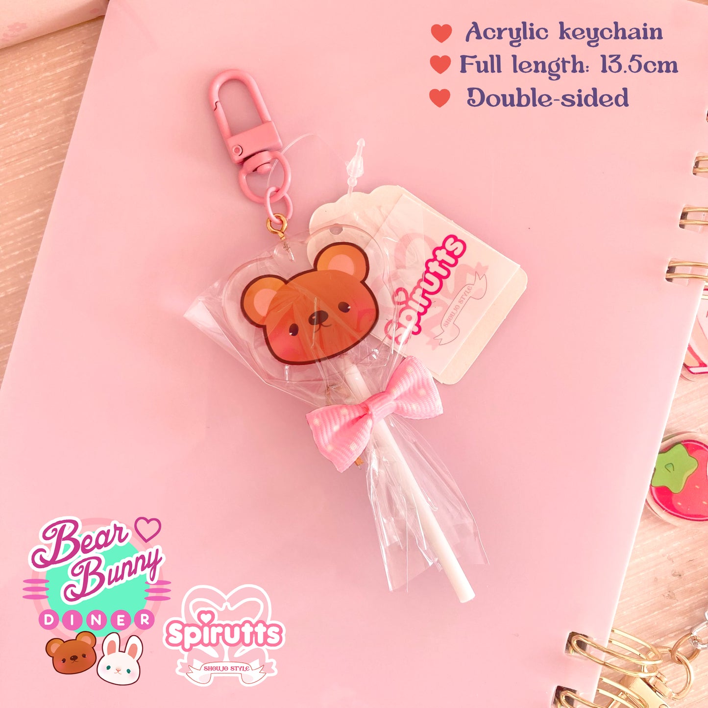 KEYCHAIN(S) - Bunny & Bear lollipops! - Double-sided acrylic/coloured clip attachment + bow