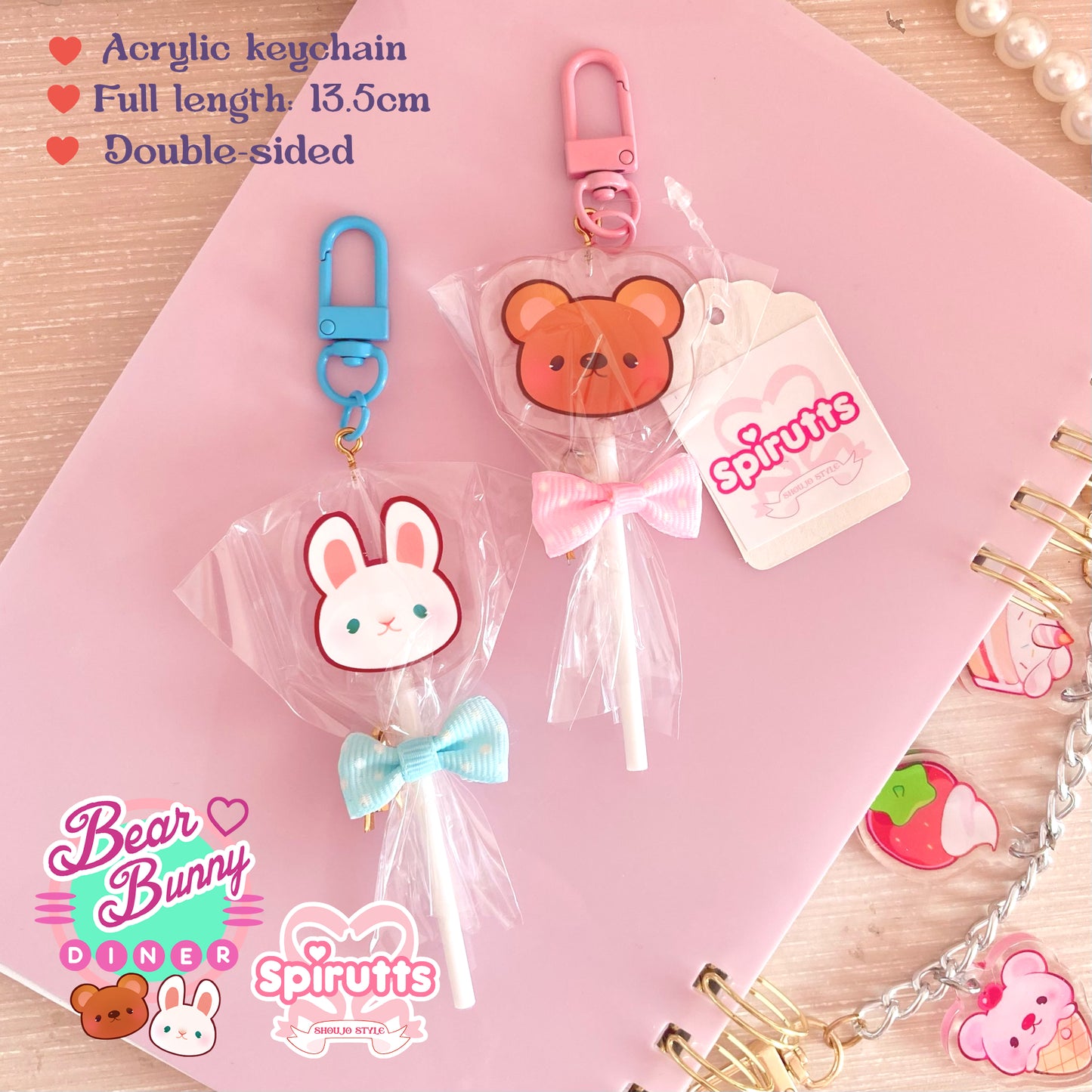 KEYCHAIN(S) - Bunny & Bear lollipops! - Double-sided acrylic/coloured clip attachment + bow